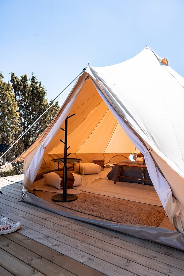 Glamping tent with a double bed