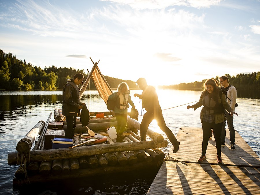 Timber raft on the river